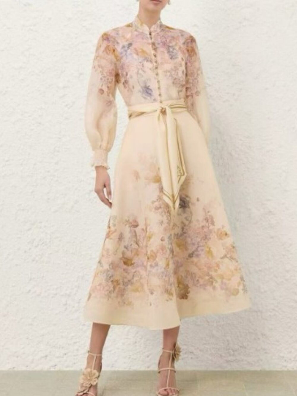 Zimmermann Floral Sheer Long-Sleeve Midi Dress in Soft Cream